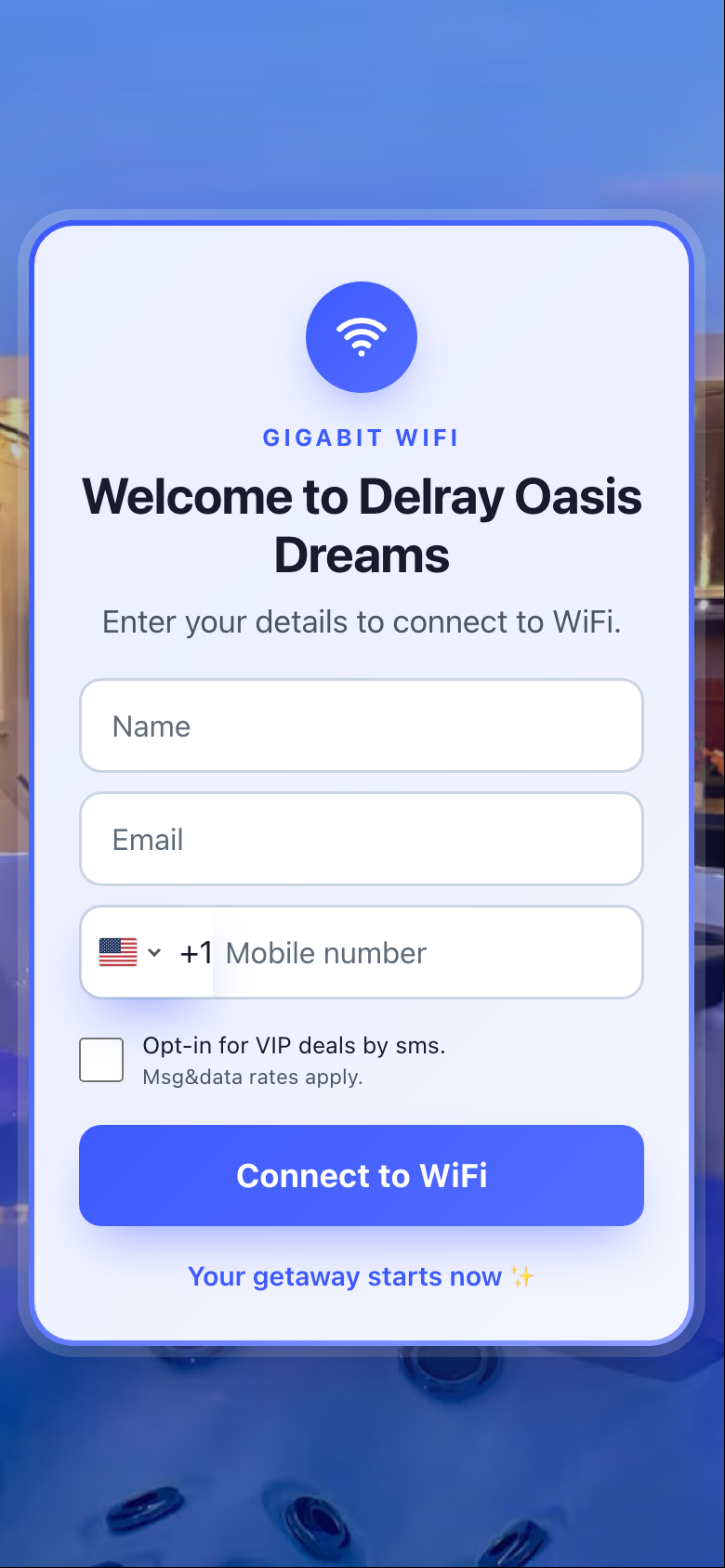 Portal with a hot tub photo, blue button