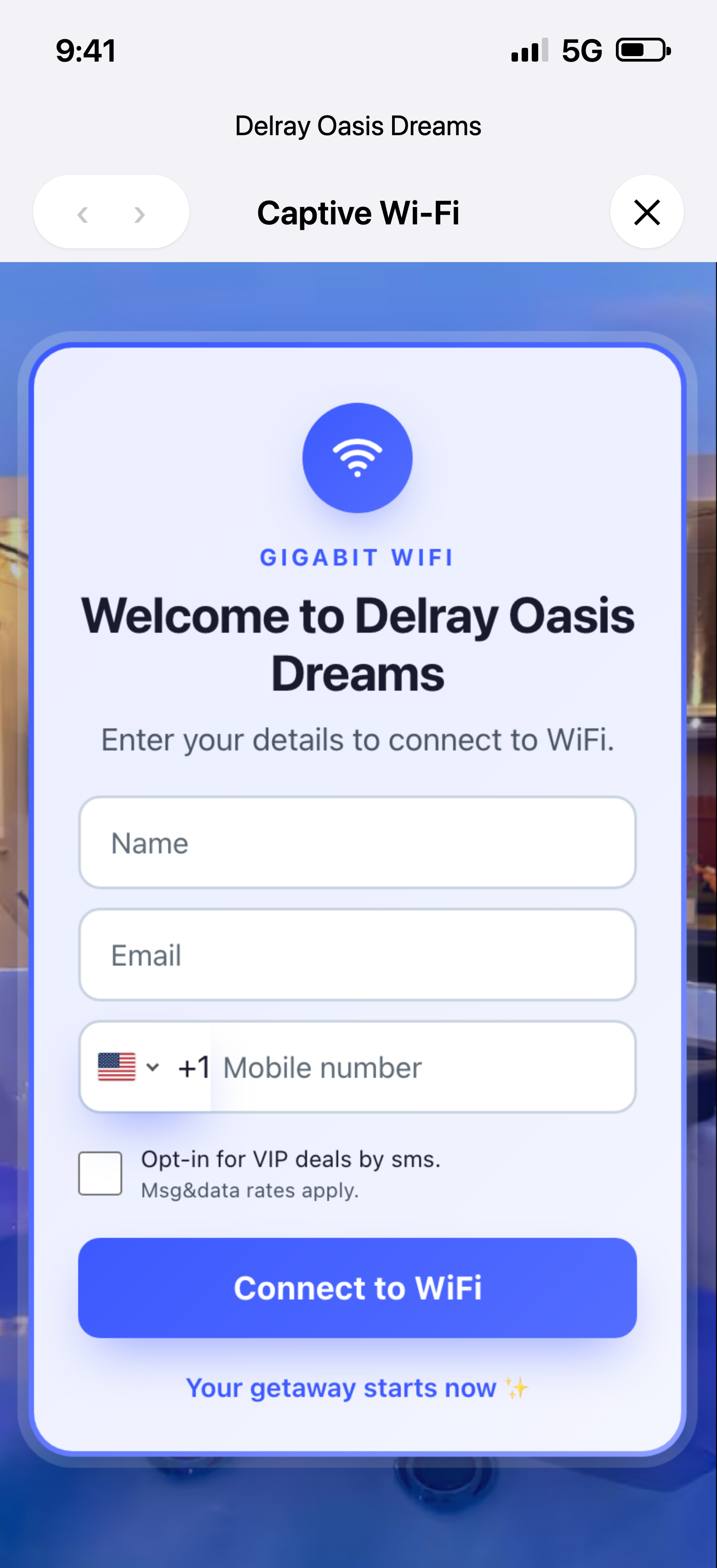 iPhone showing the Captive Wi-Fi sign-in: name, email, mobile and a Connect to WiFi button